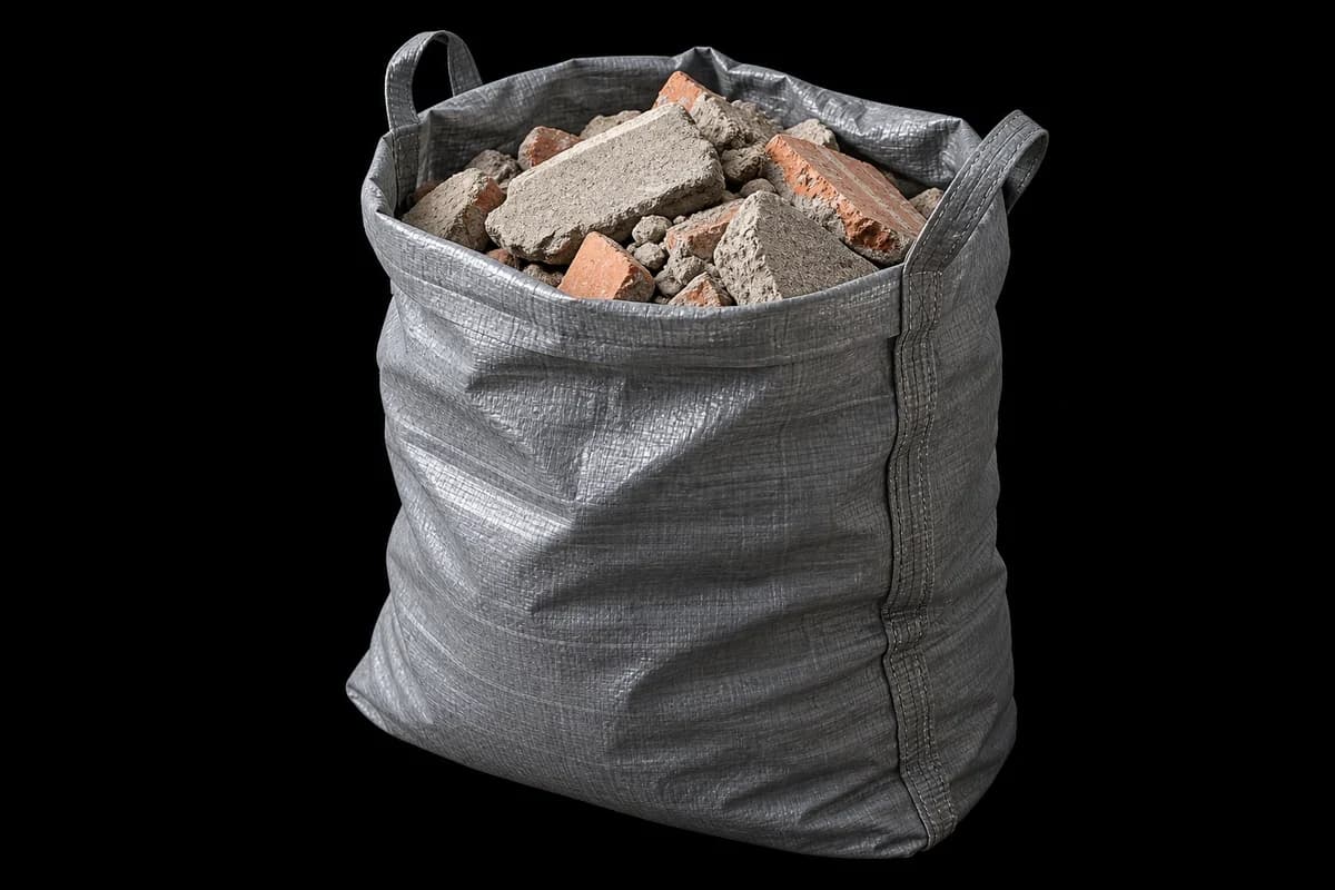 Statybinių atliekų maišas Atviras maišas su betono ir plytų nuolaužomis.