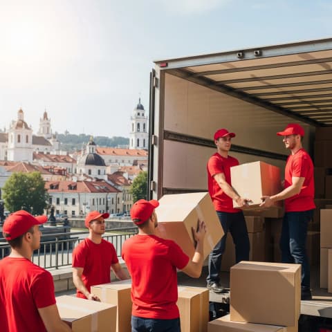 Dėžių pakrovimas Krovikai krauna kartonines dėžes į atvirą krovininį automobilį.
