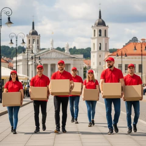 Krovikai su dėžėmis Krovikai raudonais marškinėliais laiko kartonines dėžes miesto aikštėje.