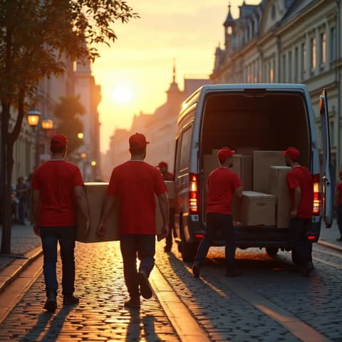 Perkraustymas saulėlydžio metu Krovikai eina prie atviro mikroautobuso saulėlydžio apšviestoje gatvėje.