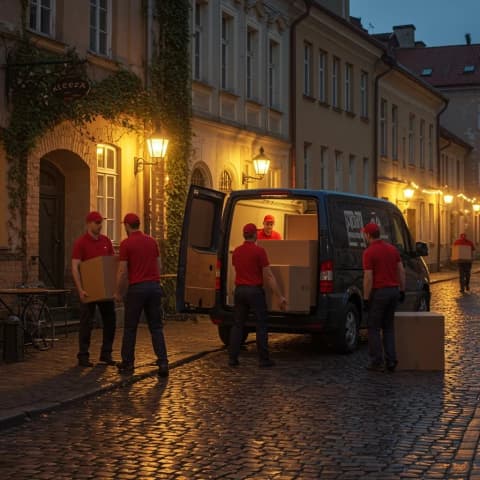 Vakarinis pervežimas Krovikai su dėžėmis prie mikroautobuso vakarinėje senamiesčio gatvėje.