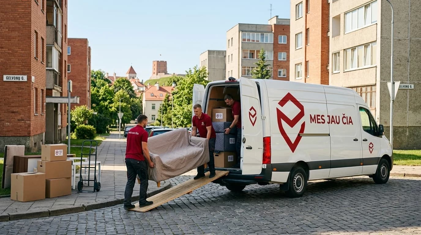 Perkraustymo komandos darbas Krovikai krauna apsaugine plėvele apvyniotą baldą į MJC mikroautobusą.