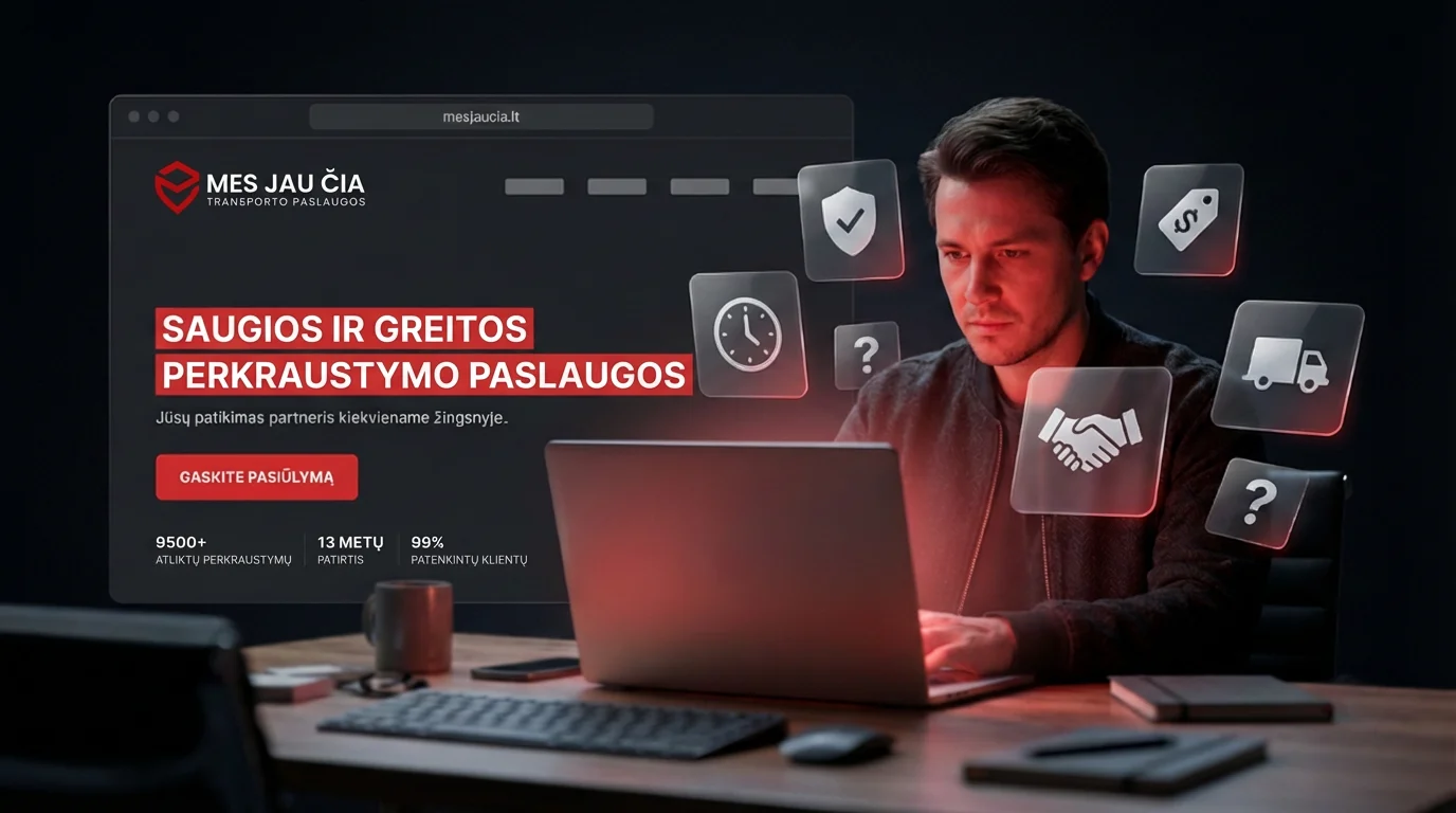 Perkraustymo paslaugų pasirinkimas Žmogus prie nešiojamojo kompiuterio ir perkraustymo paslaugų svetainės iliustracija.